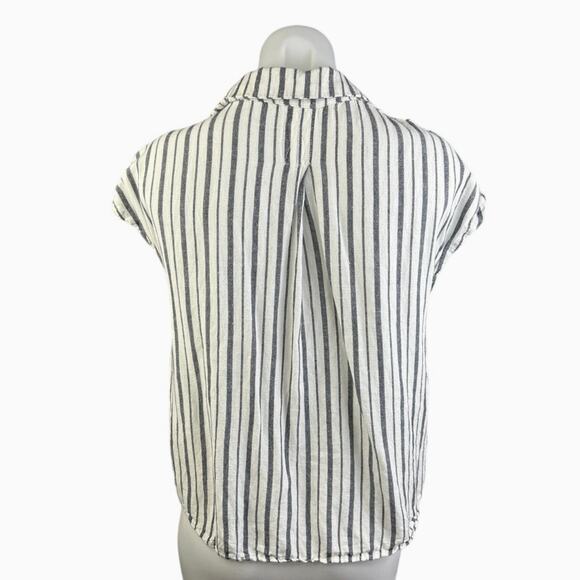 MNG Mango White Gray Linen Striped Cap Sleeve Button Down Shirt Blouse Top Sz 4 - Picture 2 of 4